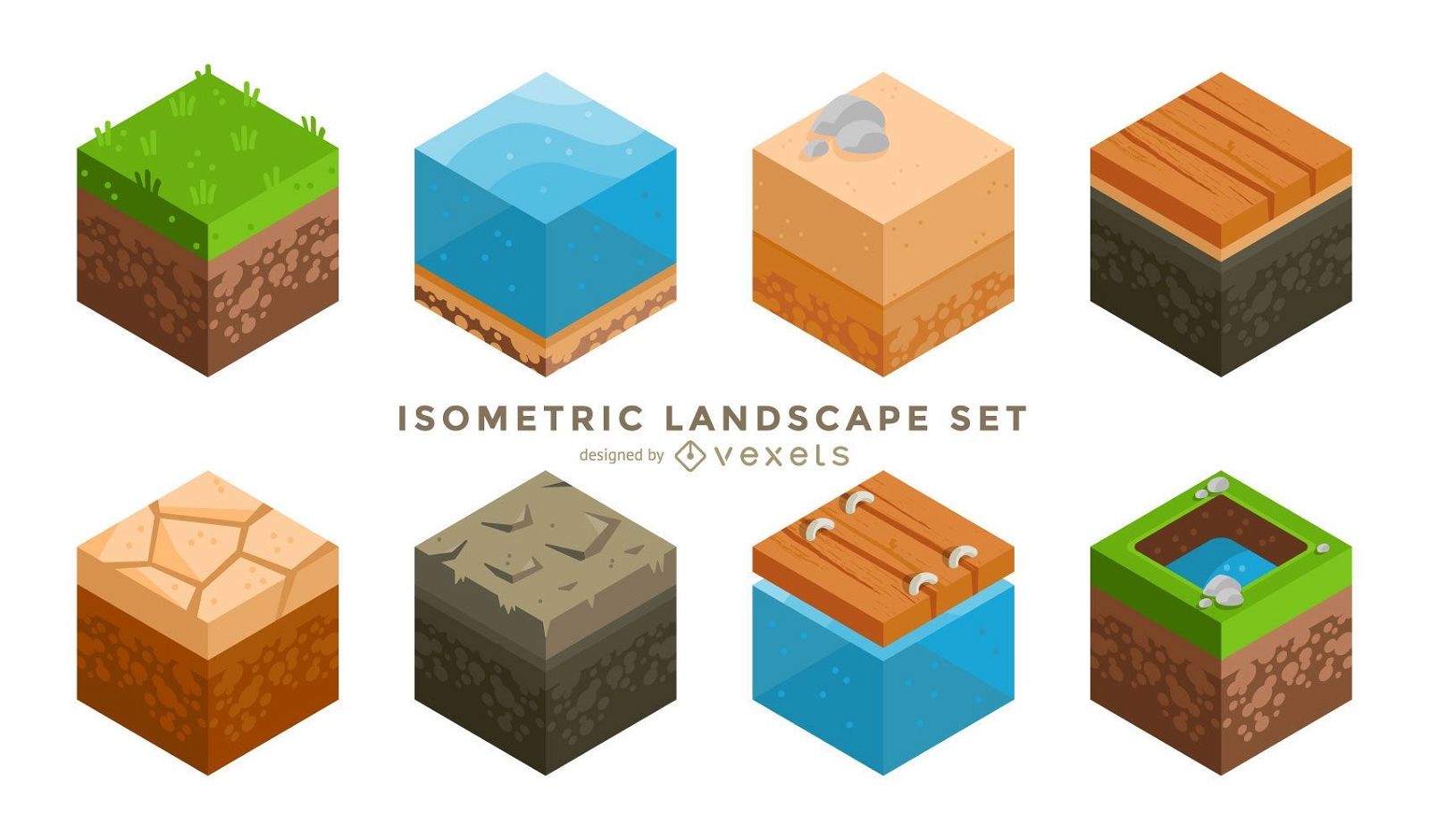 Conjunto de cubos de paisaje isométrico