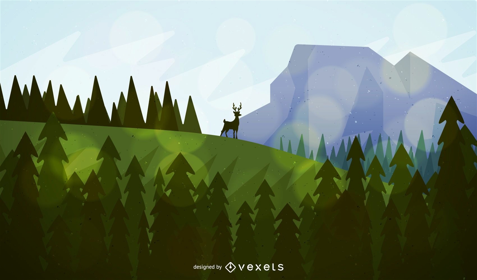 Forest and mountains landscape with deer