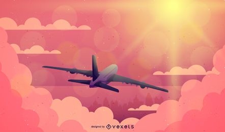 Avião voando na ilustração do pôr do sol