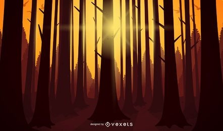Paisagem da ilustração do pôr do sol da floresta