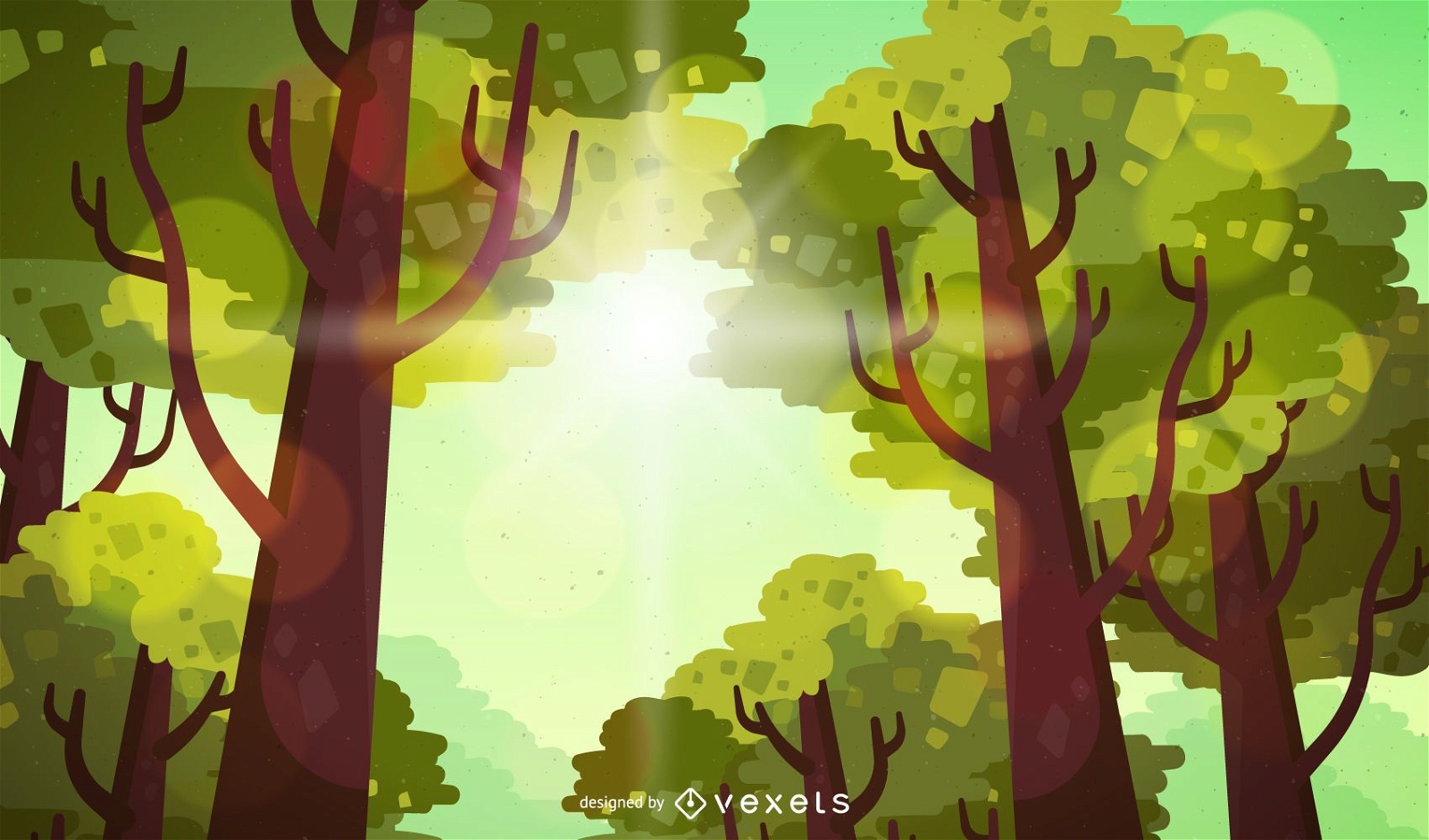 Ilustração de floresta plana com sol