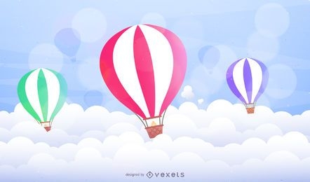 Balões de ar quente ilustrados sobre nuvens