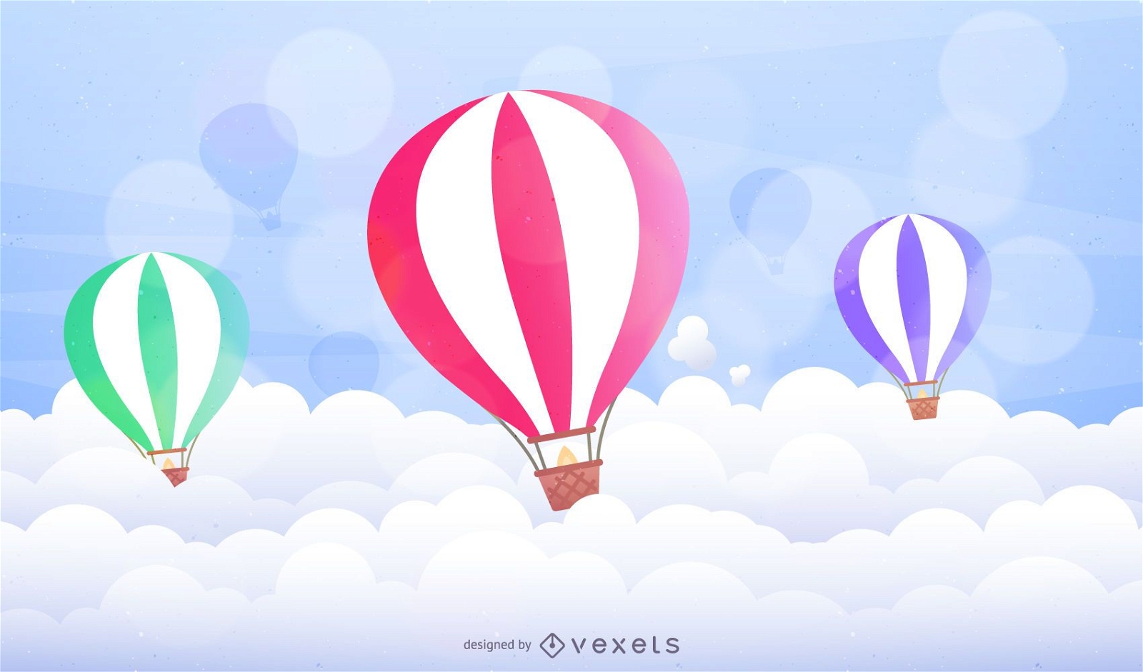 Illustrated hot air balloons over clouds