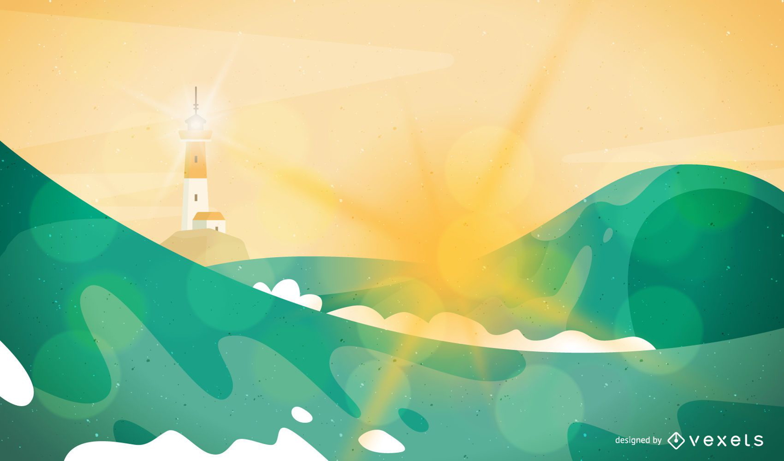 Ondas e ilustração da paisagem do farol