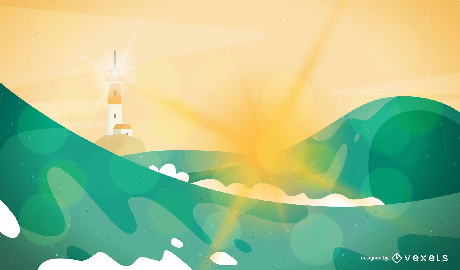 Waves and lighthouse landscape illustration