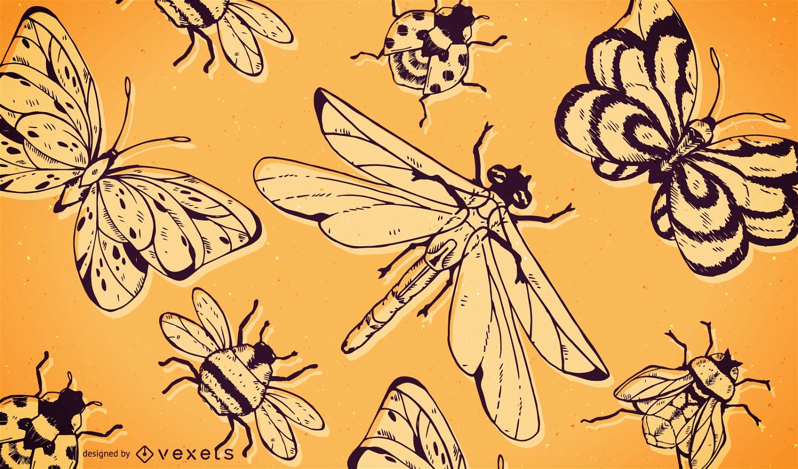 Fondo de patrón de insectos libélula mariposa