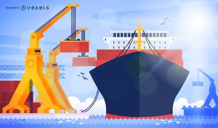Seaport harbor illustration with ship Seaport harbor illustration with ship