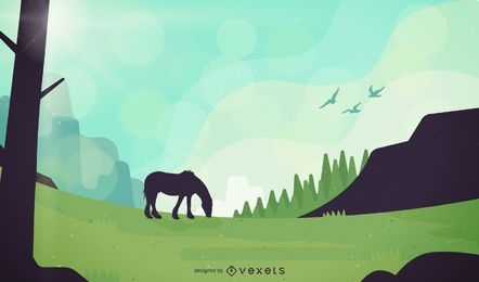 Field landscape with horse illustration