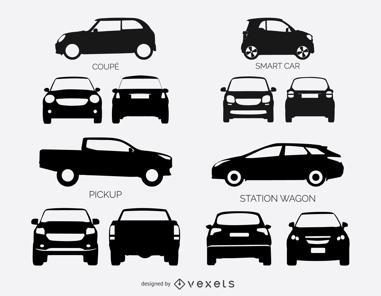 Set of car and pickup truck silhouettes
