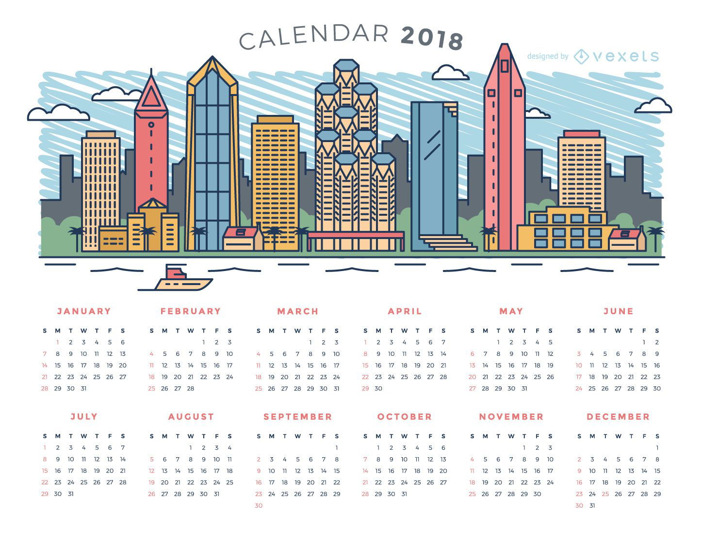 Kalender der Skyline der Stadt 2018