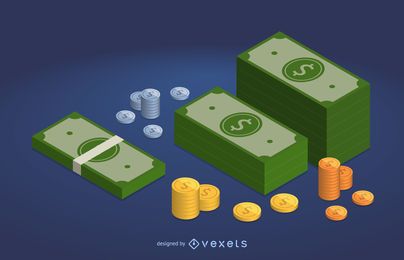 Ilustración de billetes y monedas de dólar