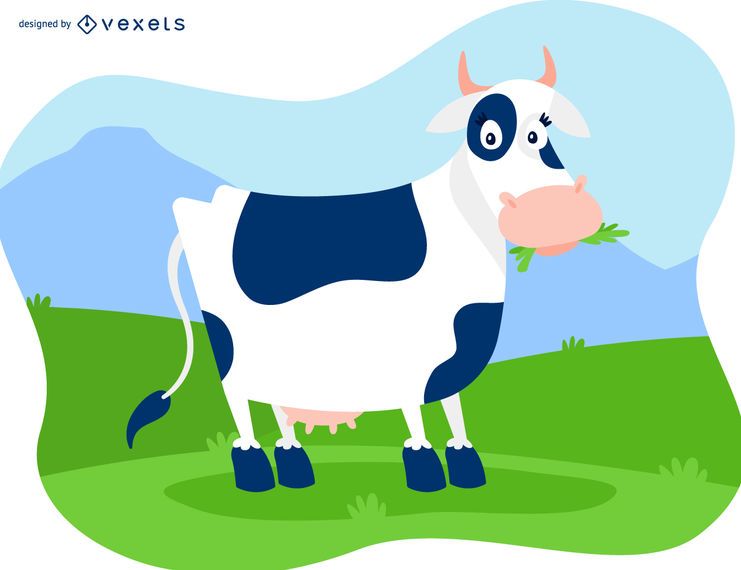 Friendly cow illustration on a field Friendly cow illustration on a field