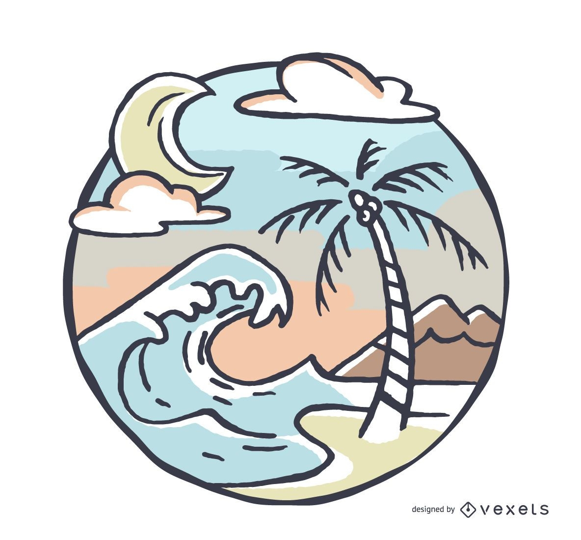 Island landscape illustration with wave and palm tree