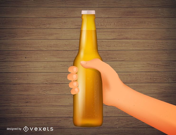 Mão segurando a ilustração realista de garrafa de cerveja Mão segurando a ilustração realista de garrafa de cerveja