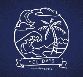 Rótulo de feriados com ondas e palmeiras
