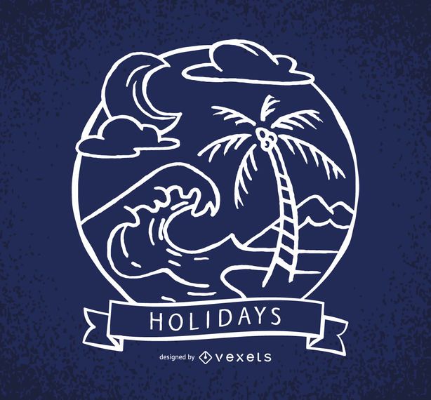 Holidays label with waves and palm trees Holidays label with waves and palm trees