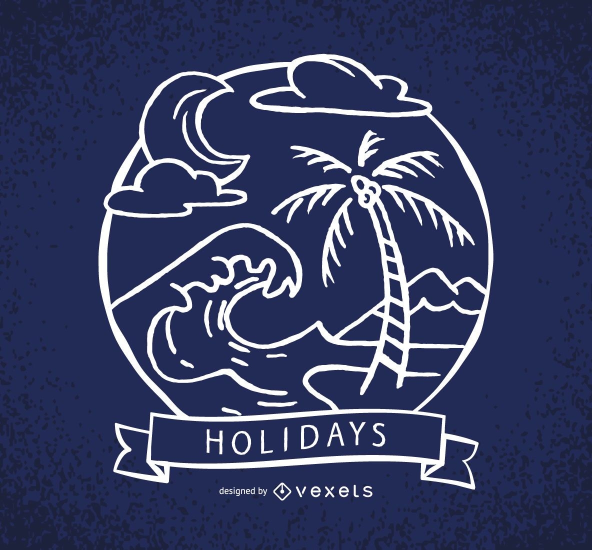 Etiqueta de vacaciones con olas y palmeras.