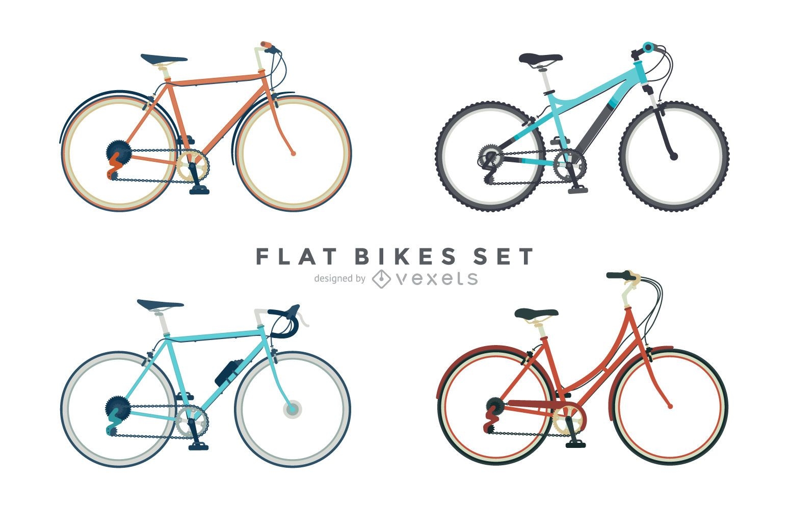 Conjunto de 4 ilustraciones de bicicletas planas.