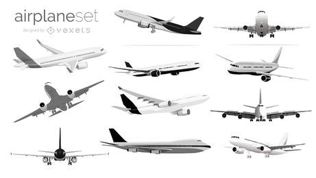 Conjunto de ilustración de avión blanco y negro