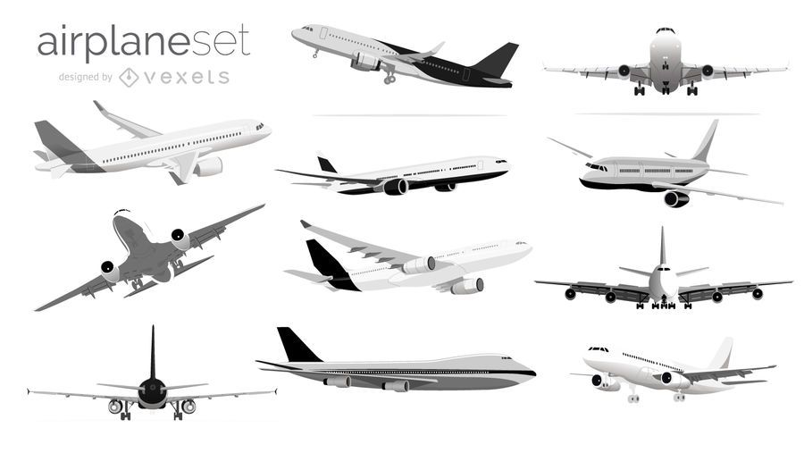Black and white airplane illustration set Black and white airplane illustration set