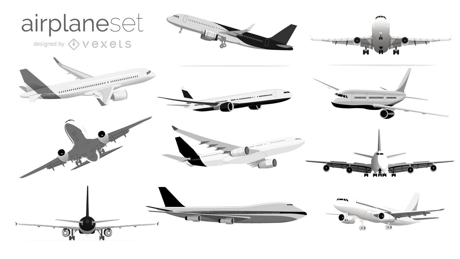Conjunto de ilustração de avião preto e branco