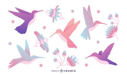 Conjunto de ilustração de beija-flor em tons pastel