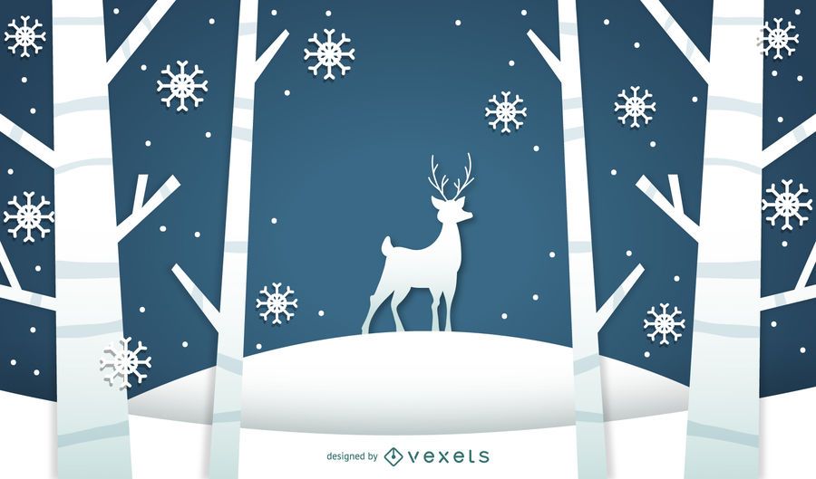 Winter landscape illustration with deer Winter landscape illustration with deer