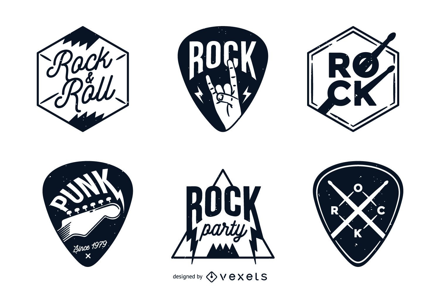Conjunto de insignias y etiquetas de rock