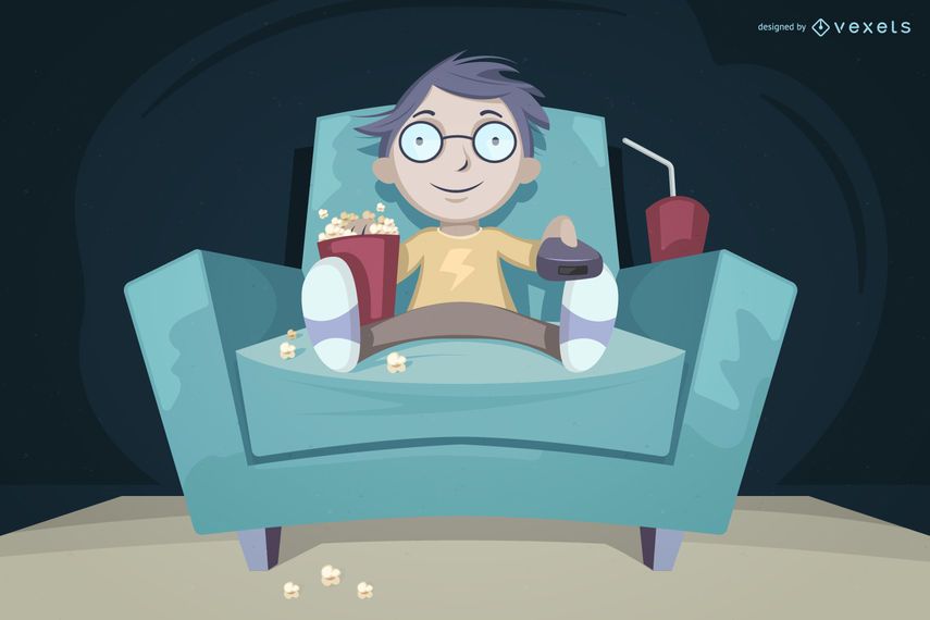 Kid watching tv eating pop corn illustration Kid watching tv eating pop corn illustration