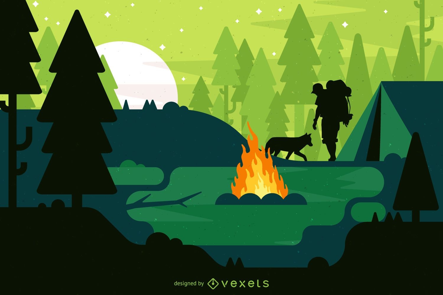 Camping landscape illustration with campfire
