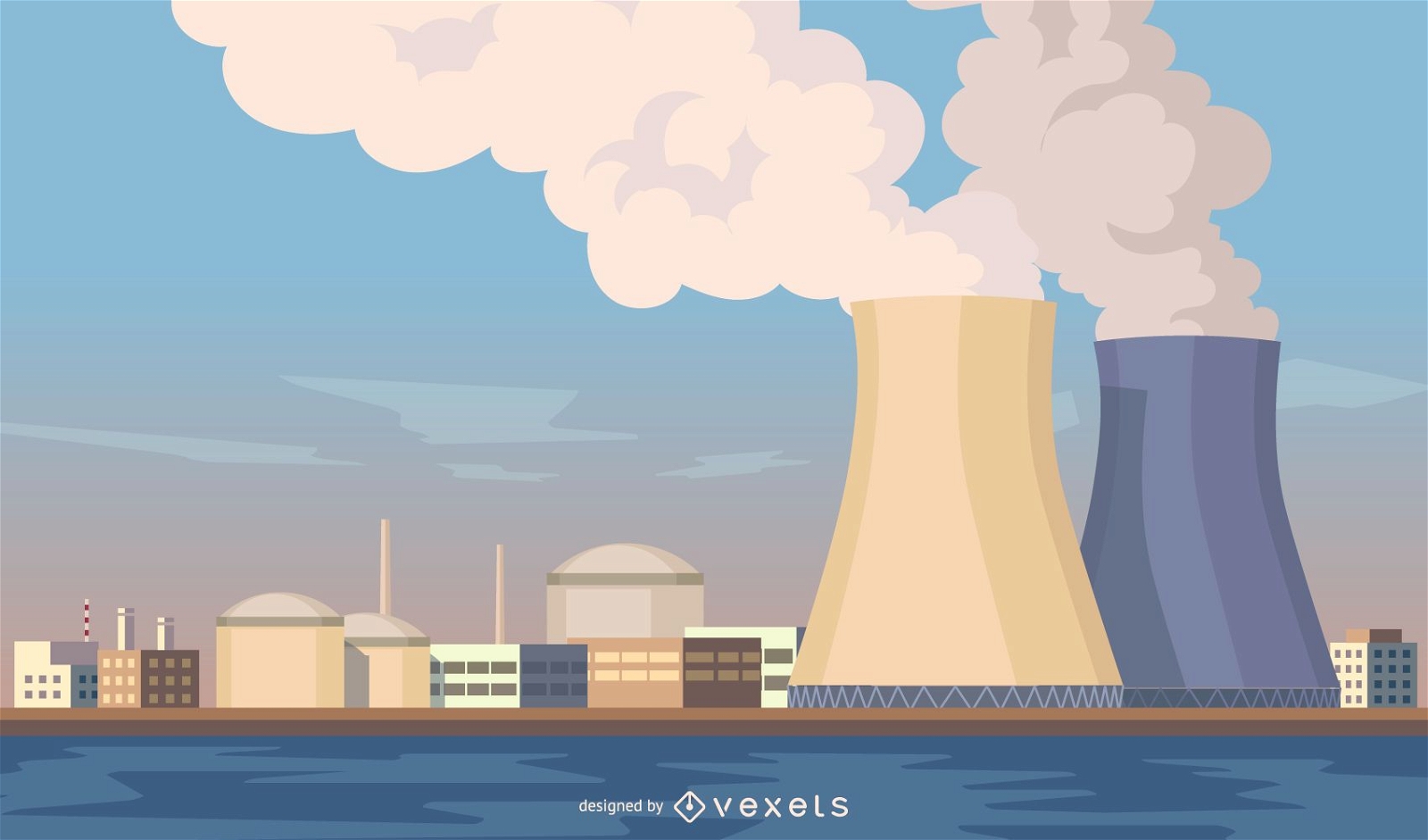 Paisagem urbana com ilustração de usinas nucleares