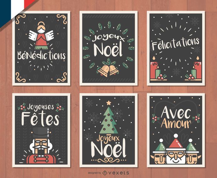 French Joyeux Noel Christmas Card Set Vector Download