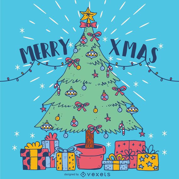 Mão, desenhado, árvore natal, ilustração Mão, desenhado, árvore natal, ilustração