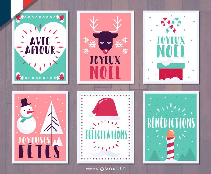 French Christmas Joyeux Noel Card Set Vector Download