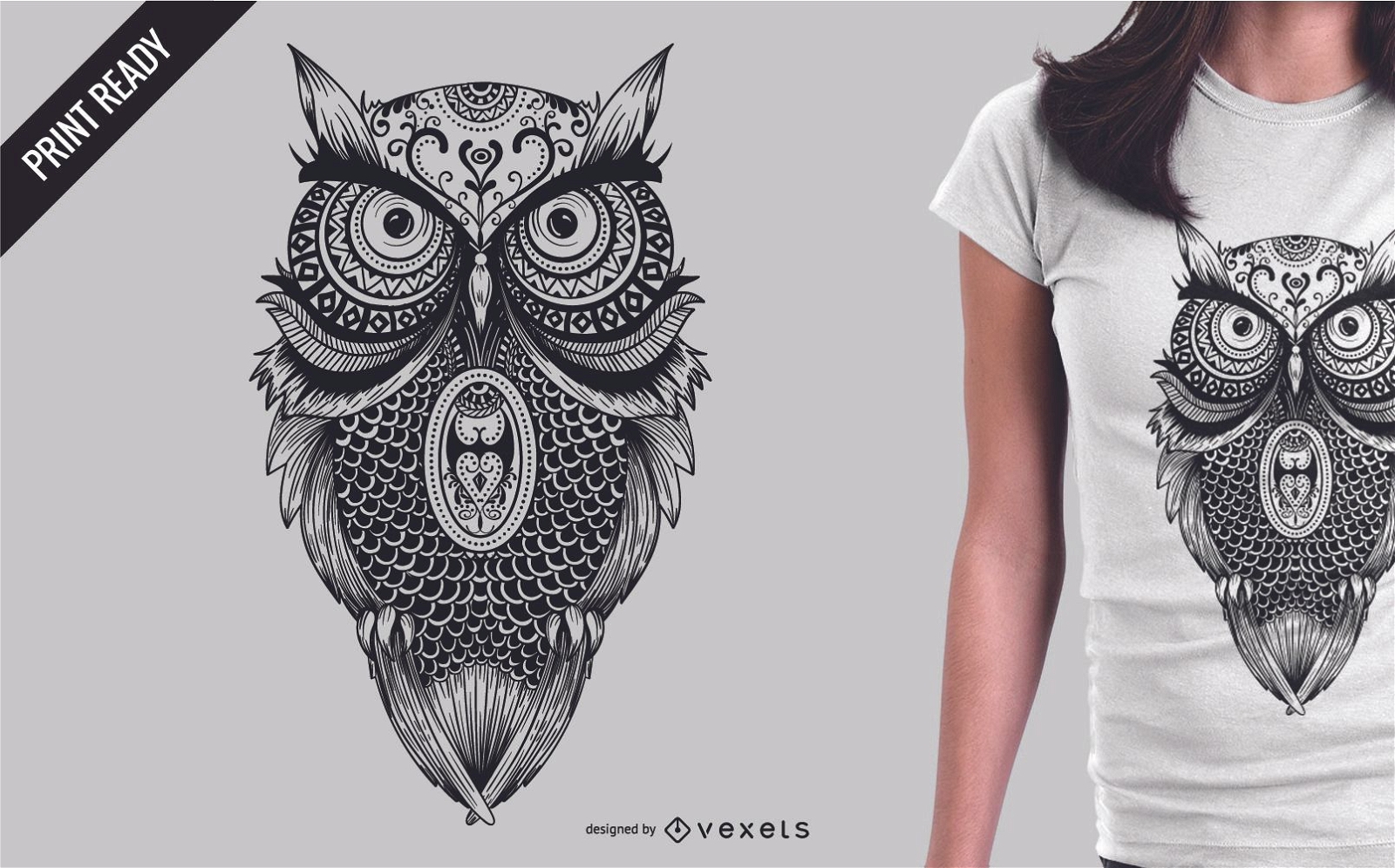 Desenho de t-shirt com ilustração de mandala coruja