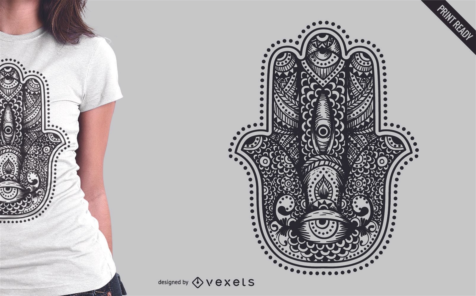 Diseño de camiseta con ilustración de hamsa.