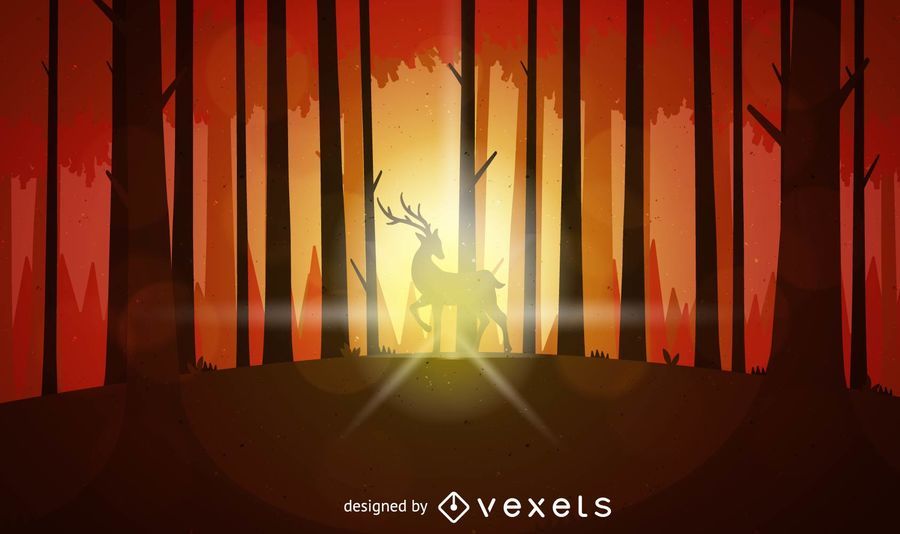 Sunset landscape with deer in woods Sunset landscape with deer in woods