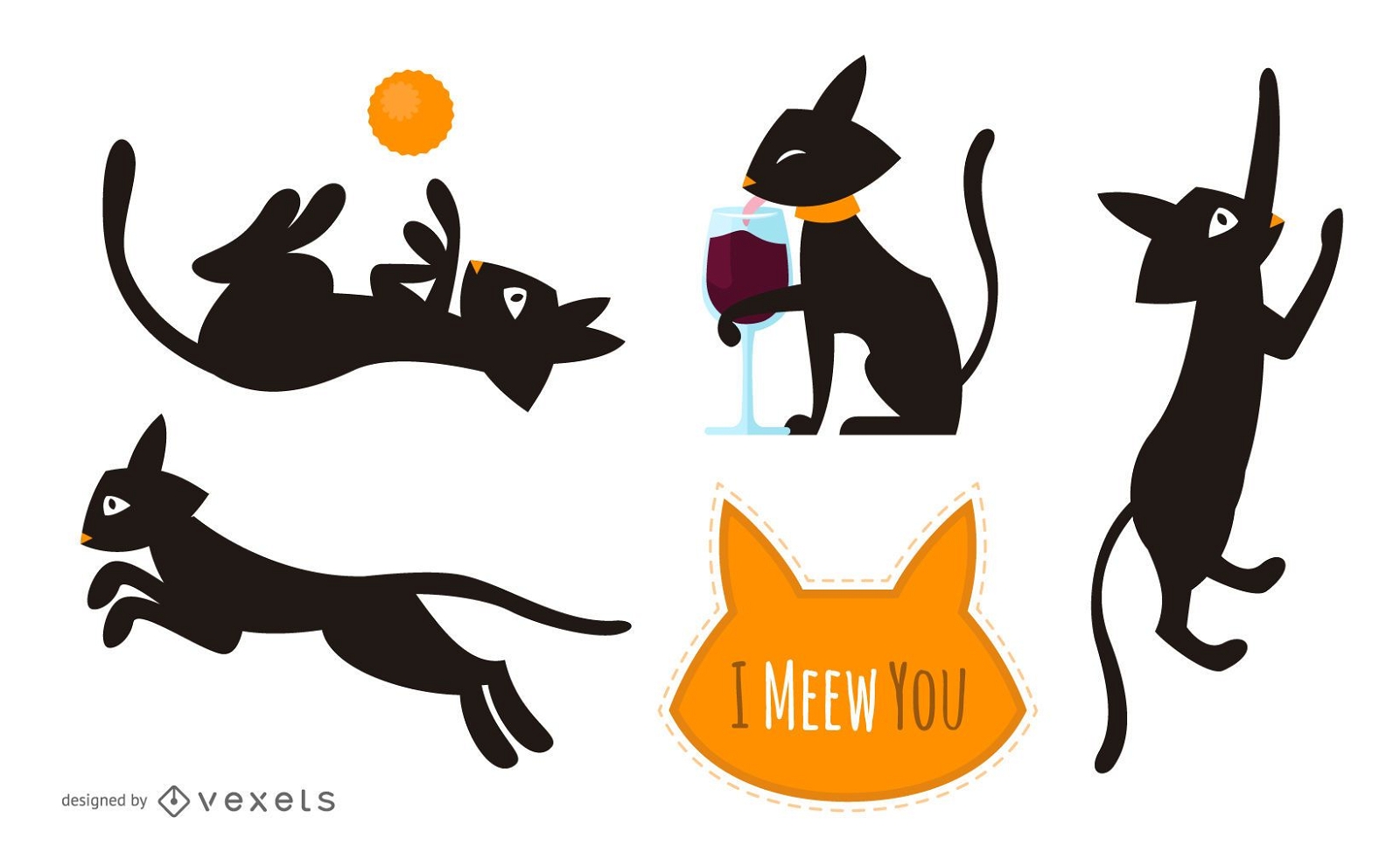 Conjunto de gatos negros ilustrados