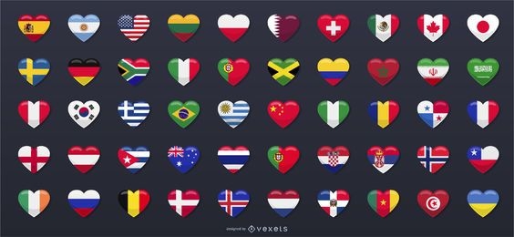 50 banderas de países en forma de corazón