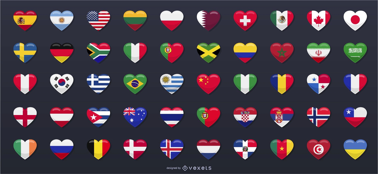 50 bandeiras do país em forma de coração