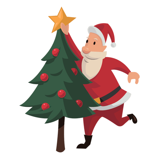 Santa putting christmas tree cartoon PNG Design