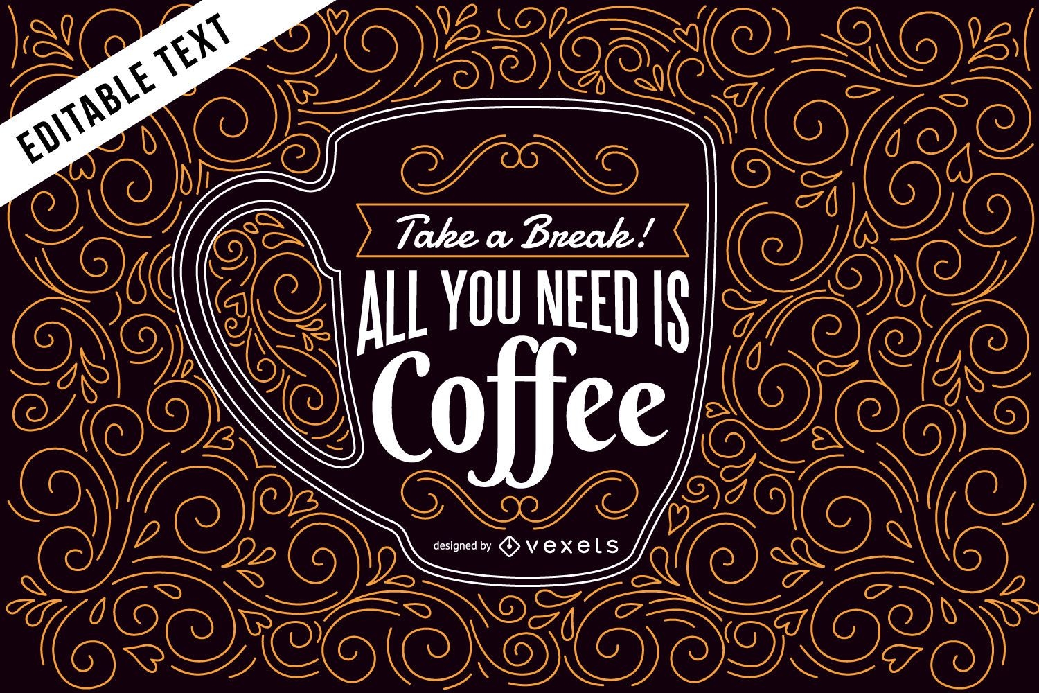 Coffee illustration with lettering and swirls