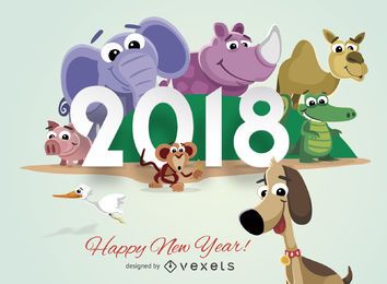 Animales de dibujos animados tarjeta de felicitación de año nuevo 2018