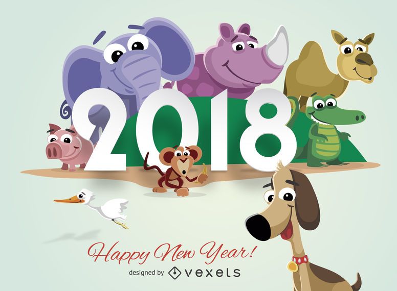 Tarjeta de felicitación de año nuevo 2018 animales de dibujos animados Tarjeta de felicitación de año nuevo 2018 animales de dibujos animados