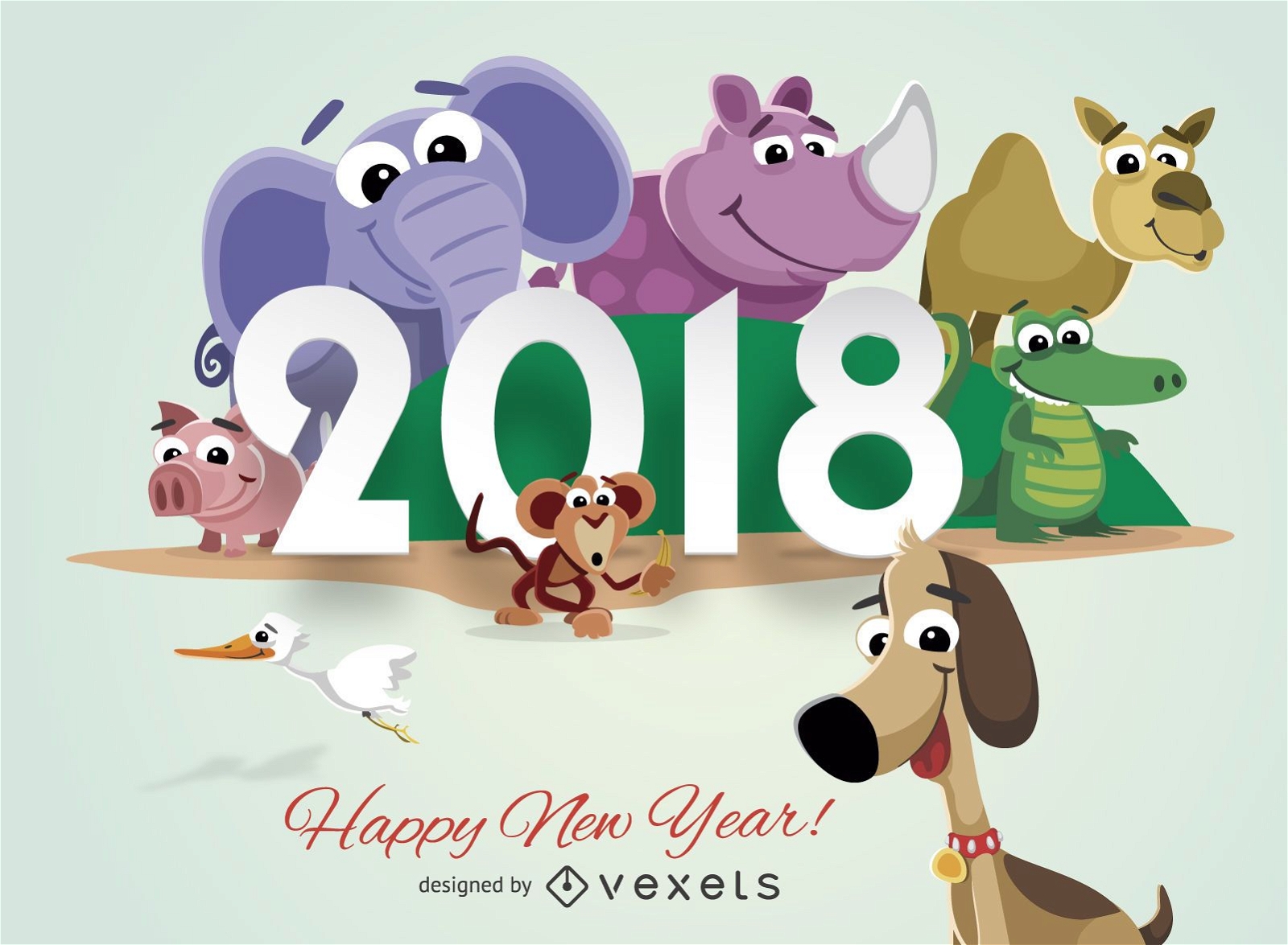 Animais dos desenhos animados cartão de felicitações de ano novo 2018