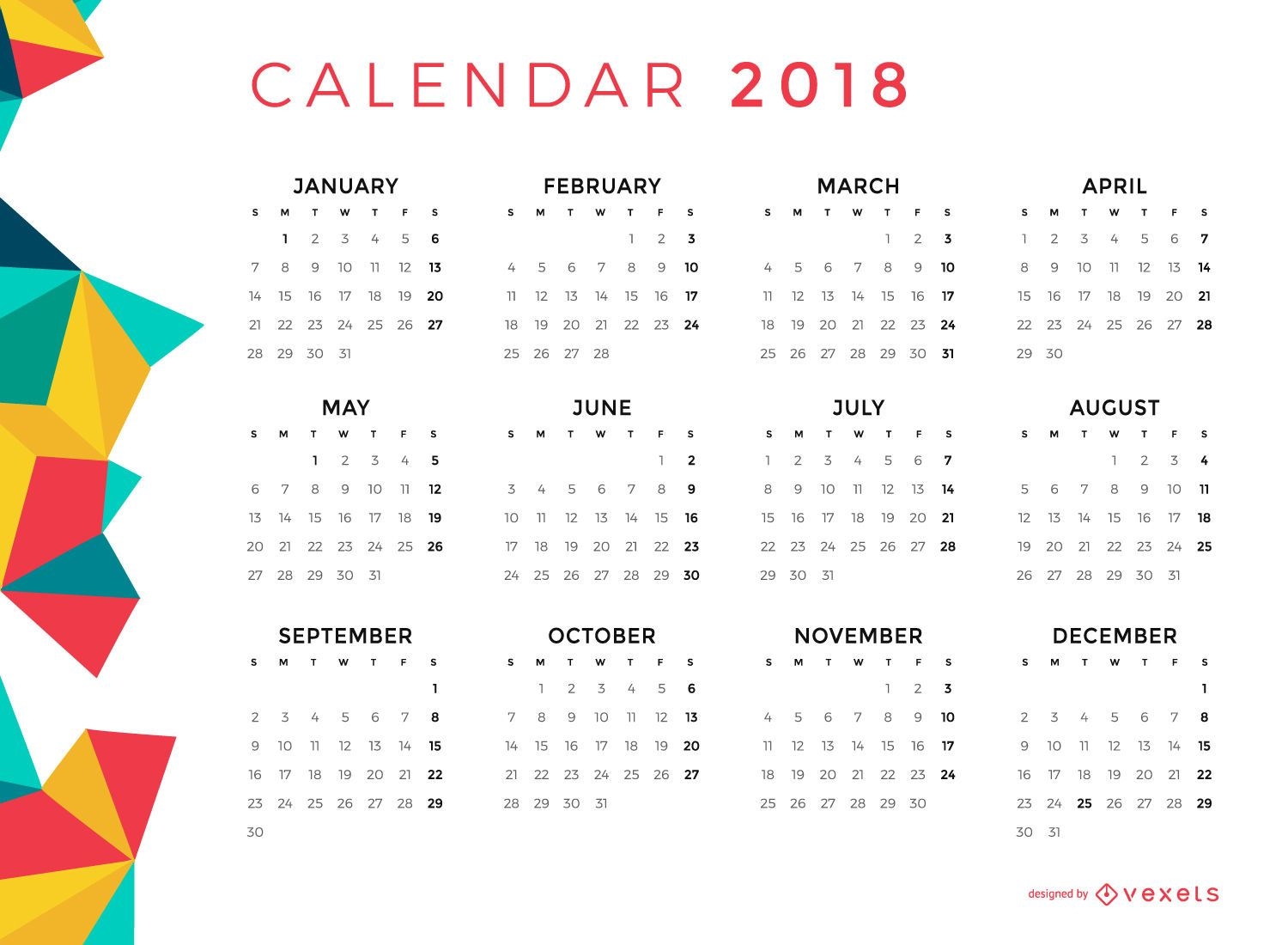 Polygonal 2018 monthly calendar