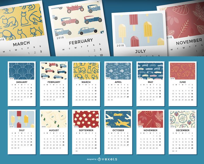 Monthly 2018 calendar with illustrations Monthly 2018 calendar with illustrations