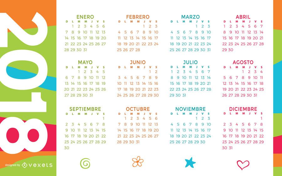 Colorful 2018 calendar in Spanish Colorful 2018 calendar in Spanish