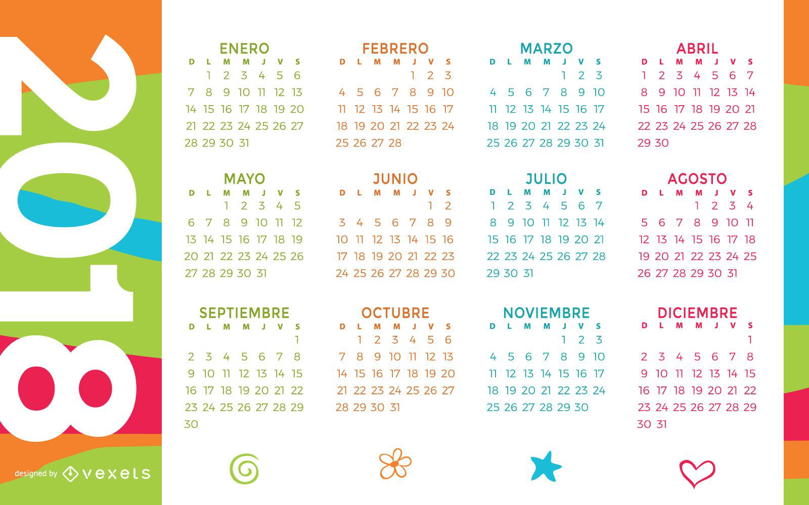 Colorful 2018 calendar in Spanish