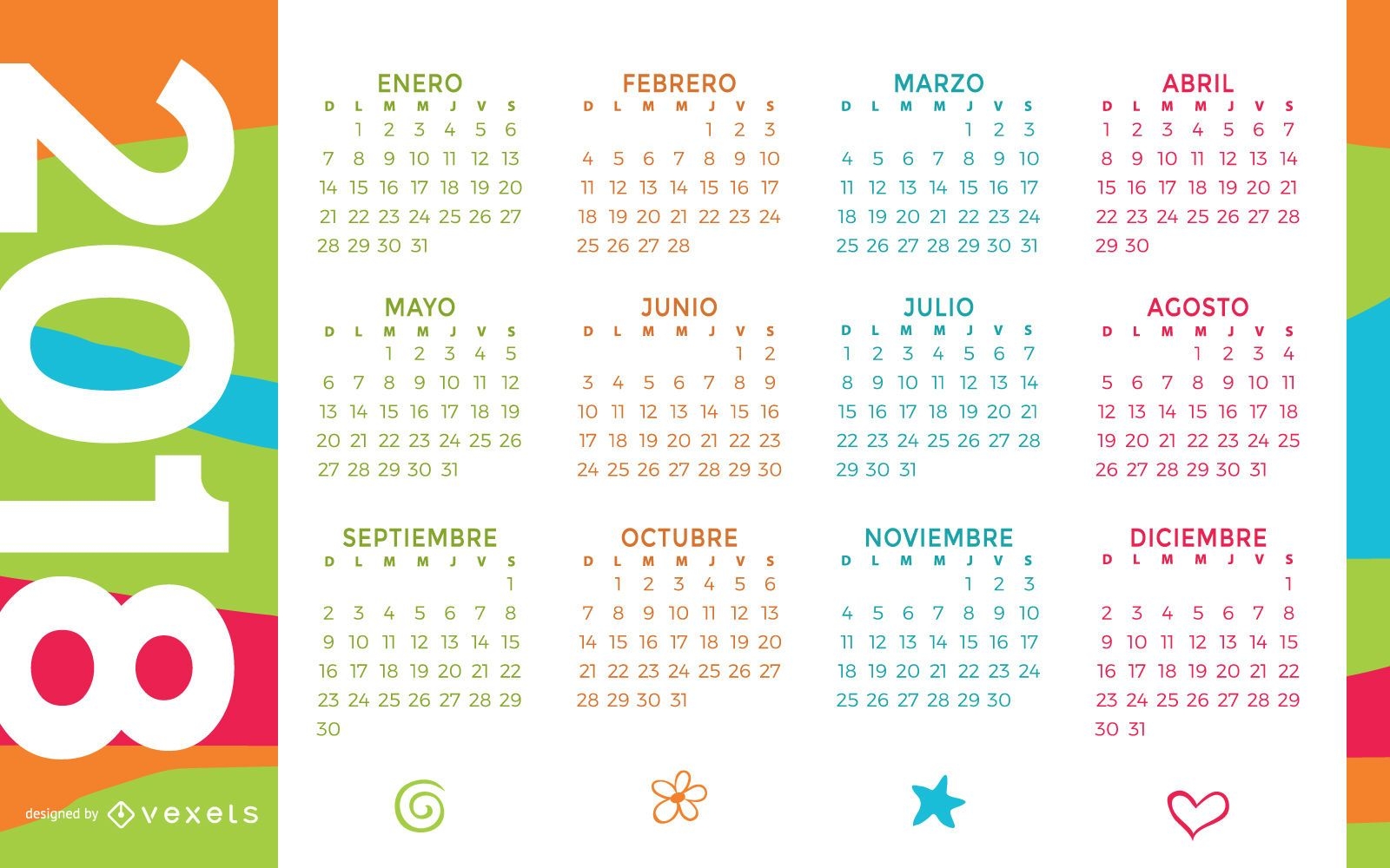 Colorido calendario 2018 en español